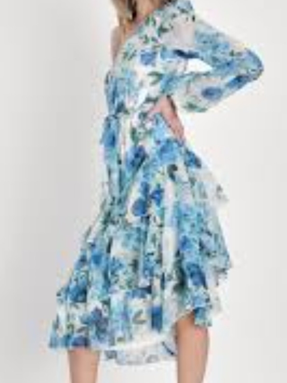 Lulu's White and Blue Floral One-Shoulder Ruffle Dress
